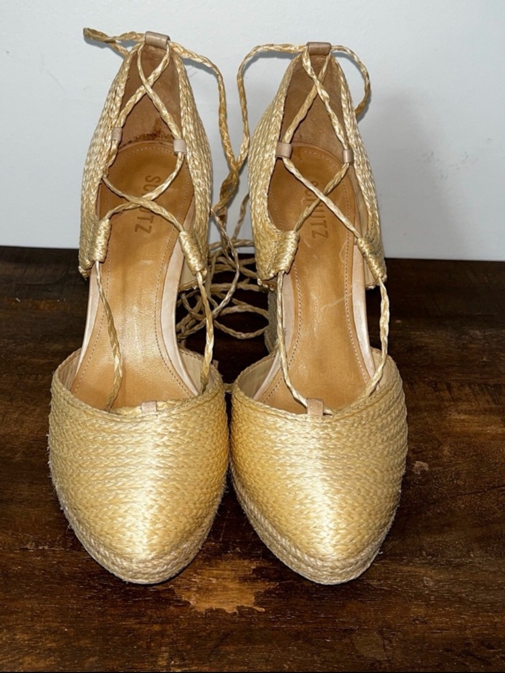 SCHUTZ Cream Espadrille Wedge Sandals with Ankle Tie